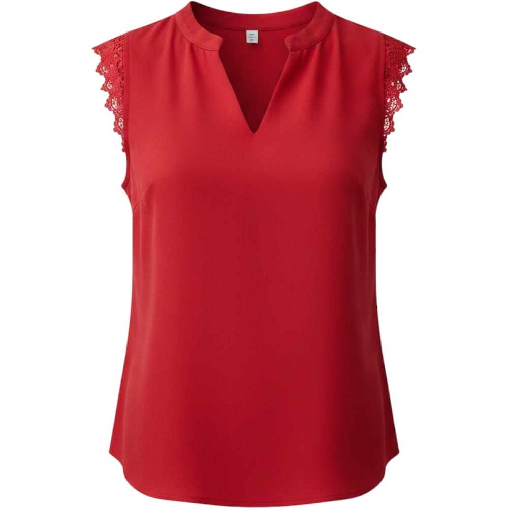 Lyaner Womens Coquette Luxury Red Sleeveless Lace Trim V-Neck Blouse, Small
